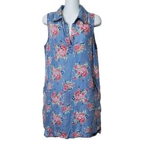 Allen B. Dress Womens Medium Blue Floral 100% Lyocell Collared Sleeveless Shirt